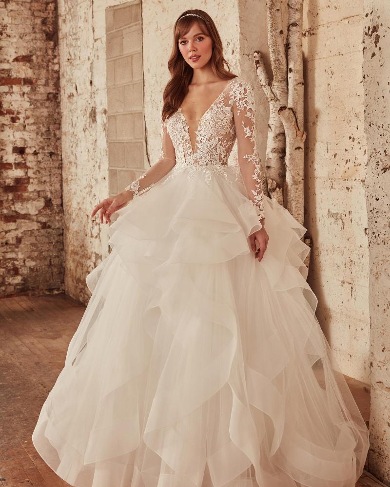 La21221 long sleeve ball gown wedding dress with lace and layered tulle3